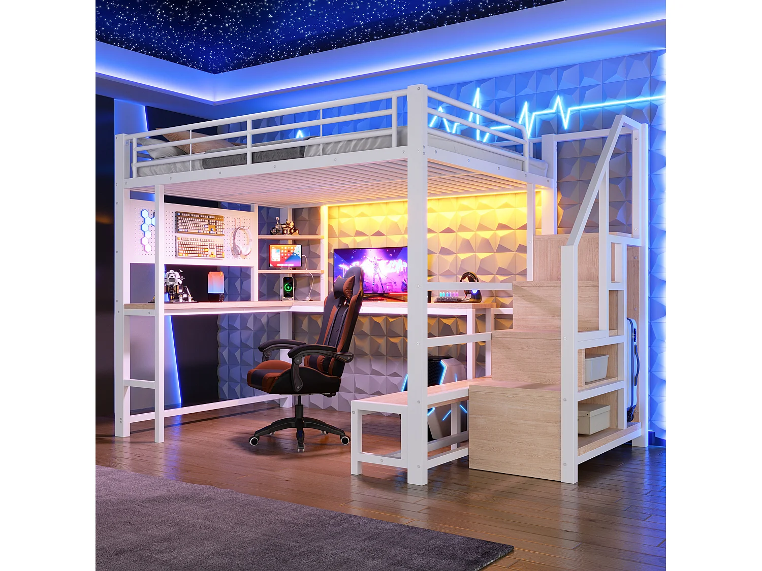 Lit mezzanine 140 x 200 cm avec port USB et USB-C , paroi perforée, étagères - Blanc