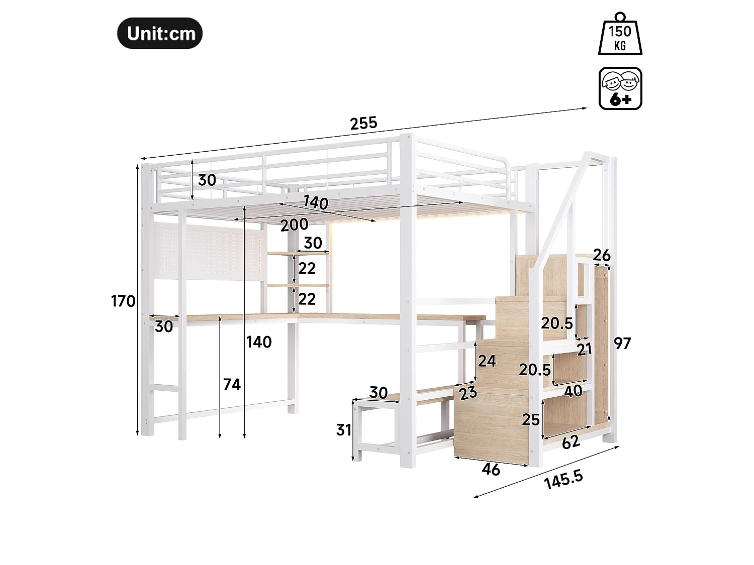 Lit mezzanine 140 x 200 cm avec port USB et USB-C , paroi perforée, étagères - Blanc