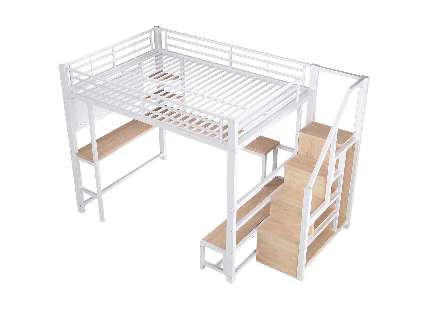 Lit mezzanine 140 x 200 cm avec port USB et USB-C , paroi perforée, étagères - Blanc