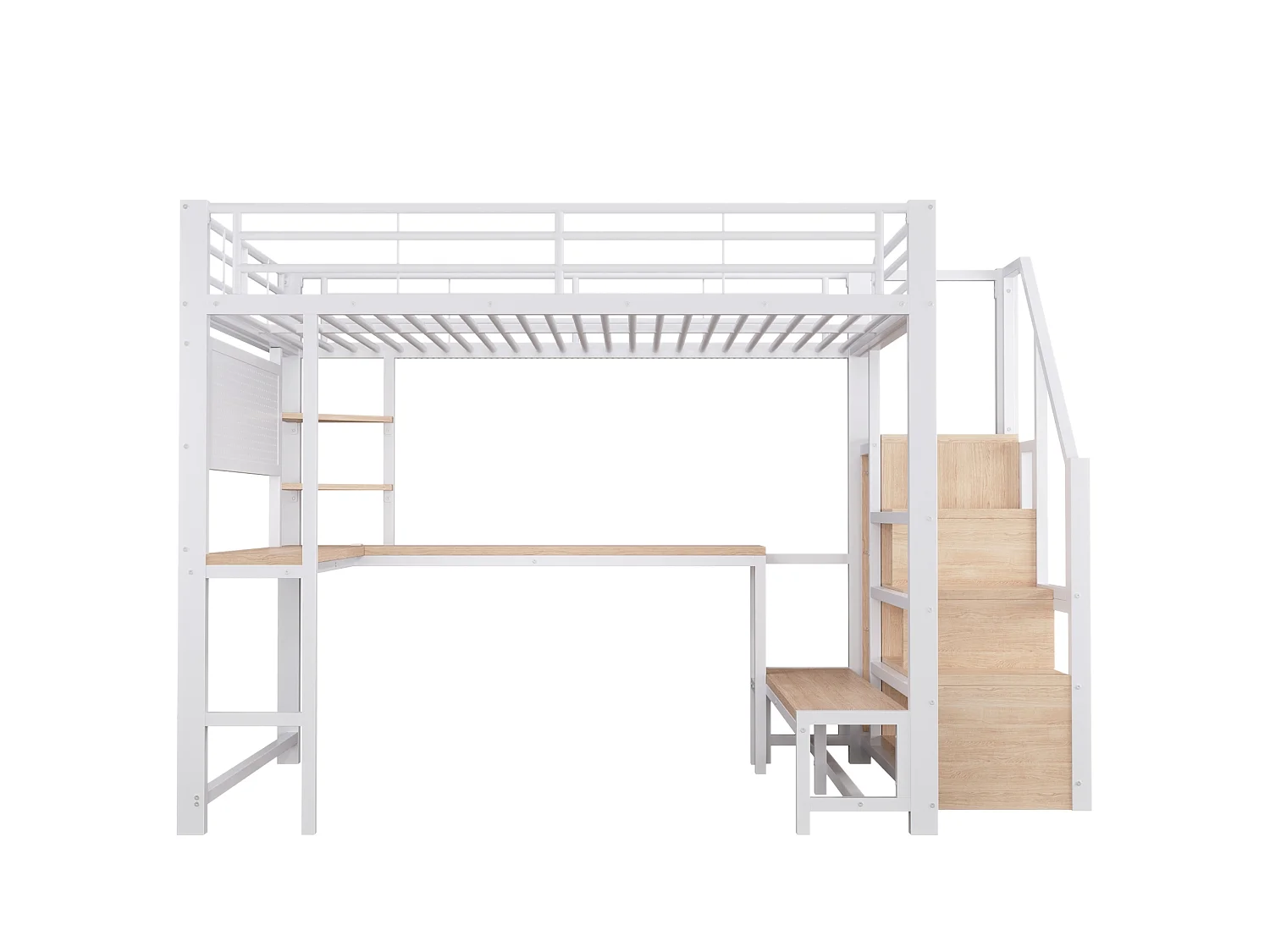 Lit mezzanine 140 x 200 cm avec port USB et USB-C , paroi perforée, étagères - Blanc