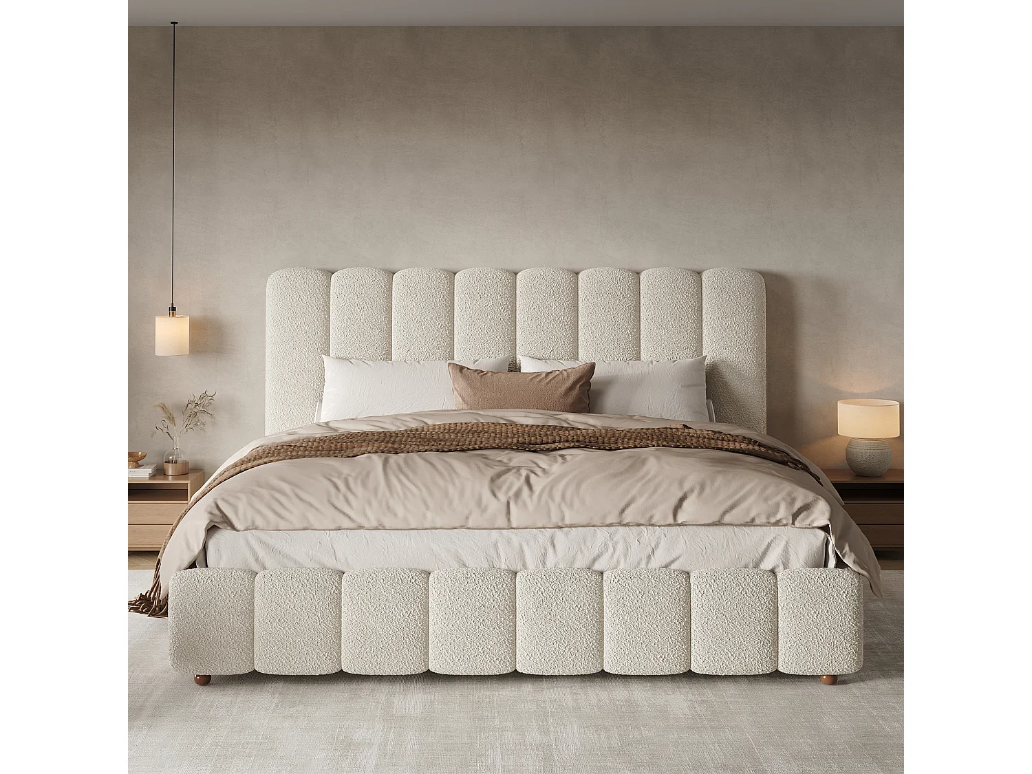 Lit coffre double adulte 160 x 200 cm en tissu bouclé - Blanc