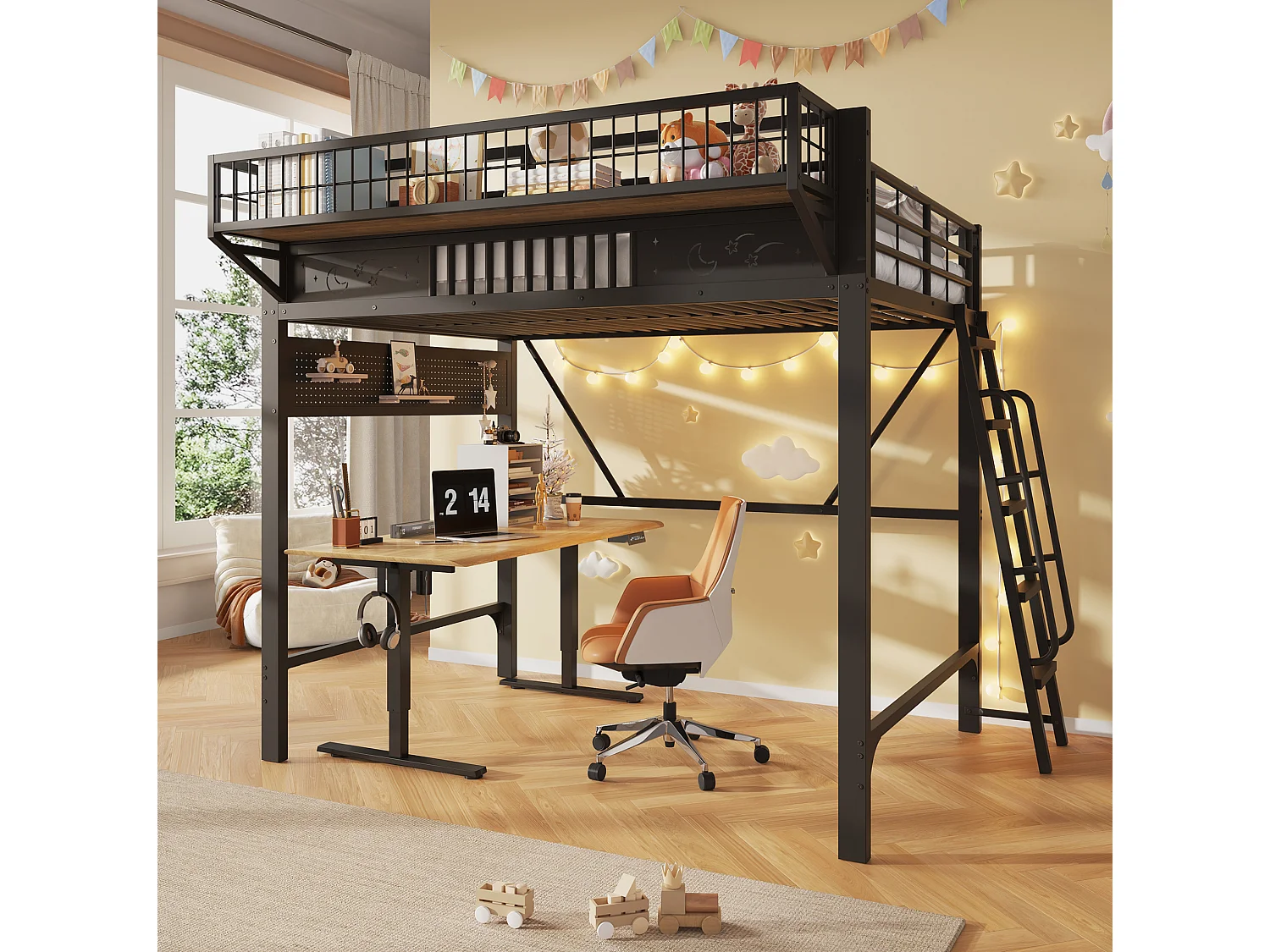 Lit mezzanine 140 x 200 cm en métal avec rangement et échelle - Noir