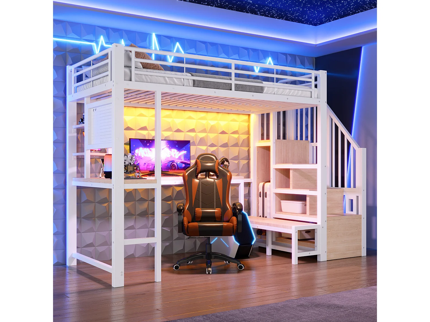 Lit mezzanine 90 x 200 cm avec port USB et USB-C , paroi perforée, étagères - Blanc