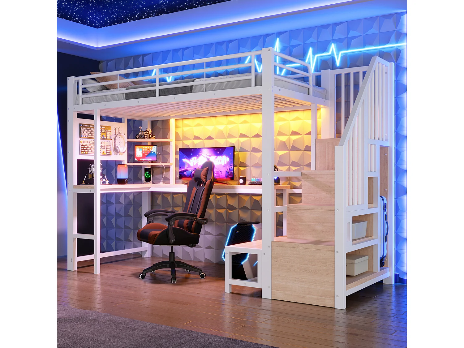 Lit mezzanine 90 x 200 cm avec port USB et USB-C , paroi perforée, étagères - Blanc