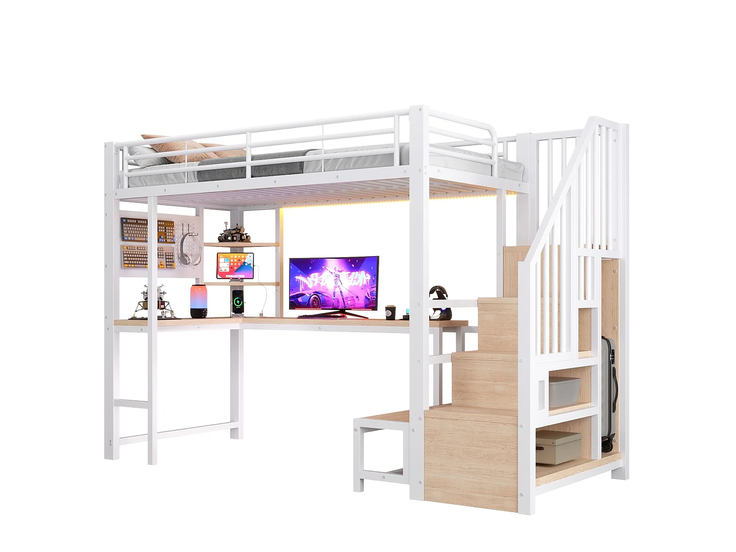 Lit mezzanine 90 x 200 cm avec port USB et USB-C , paroi perforée, étagères - Blanc