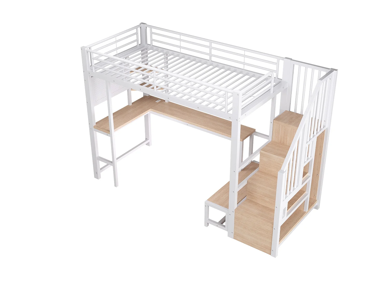 Lit mezzanine 90 x 200 cm avec port USB et USB-C , paroi perforée, étagères - Blanc