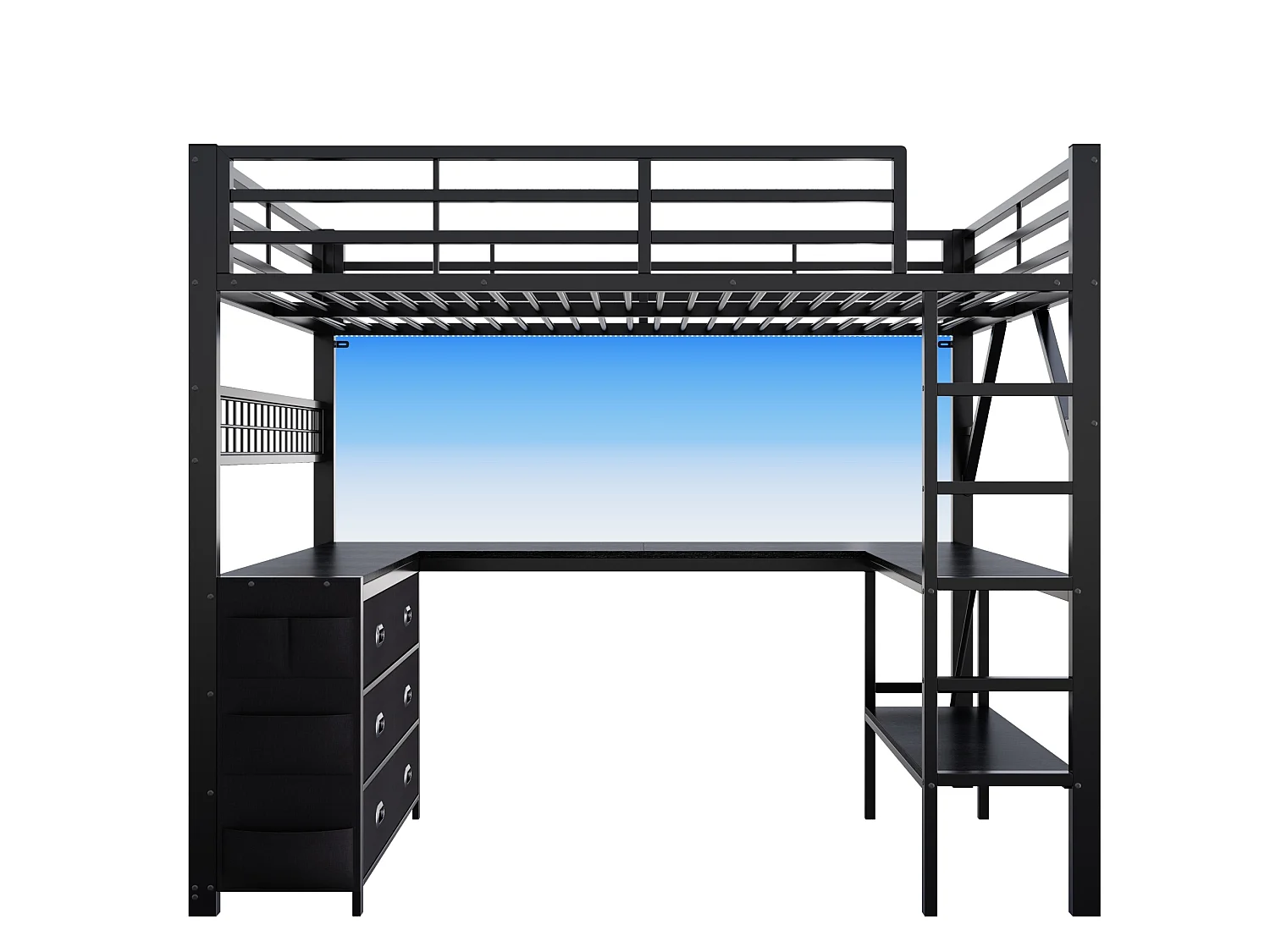 Lit mezzanine 140 x 200 cm avec 6 tiroirs et bureau - Métal et MDF - Noir