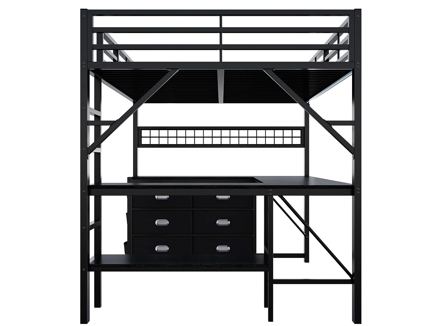 Lit mezzanine 140 x 200 cm avec 6 tiroirs et bureau - Métal et MDF - Noir
