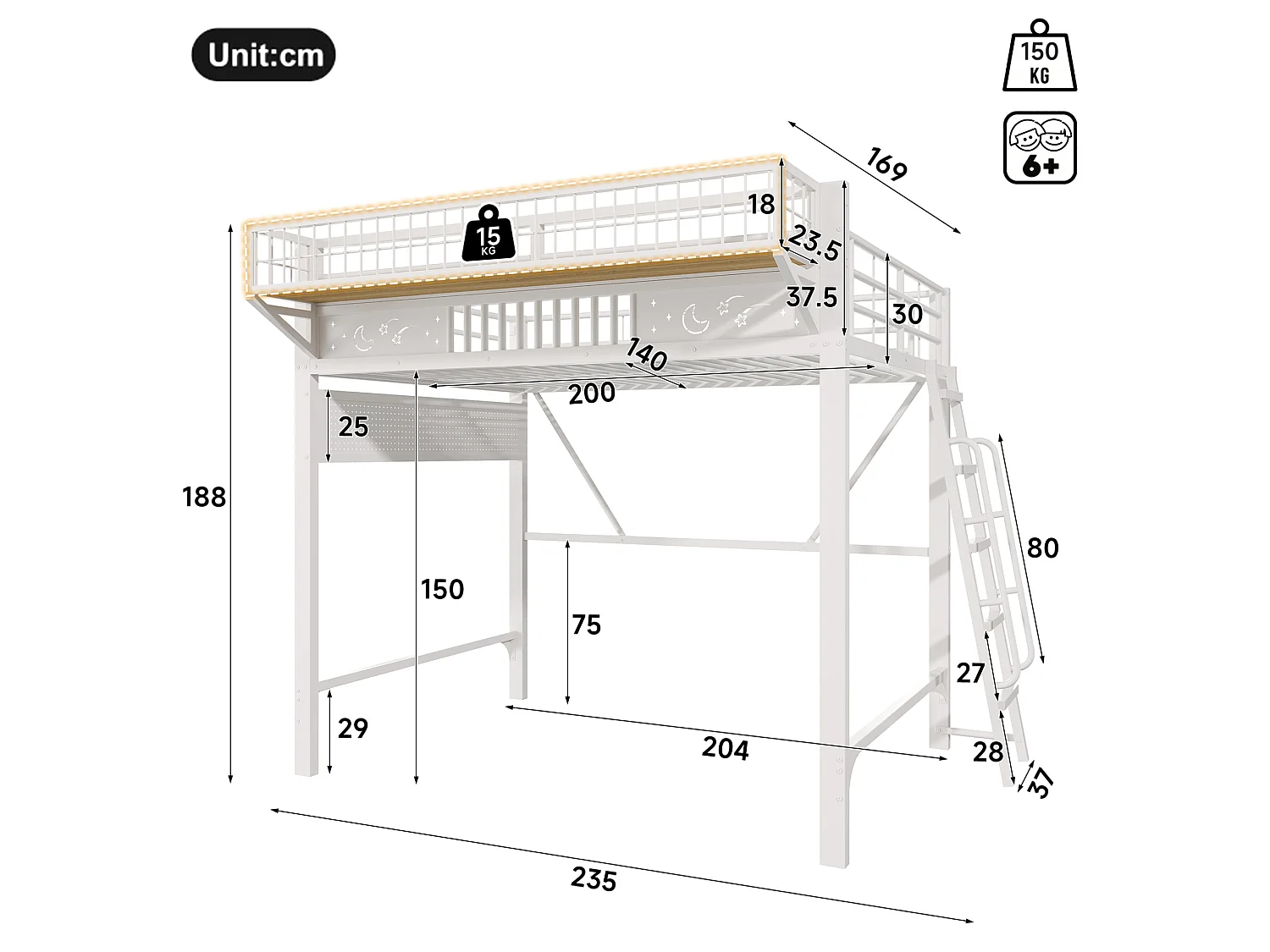 Lit mezzanine 140 x 200 cm en métal avec rangement et échelle - Blanc