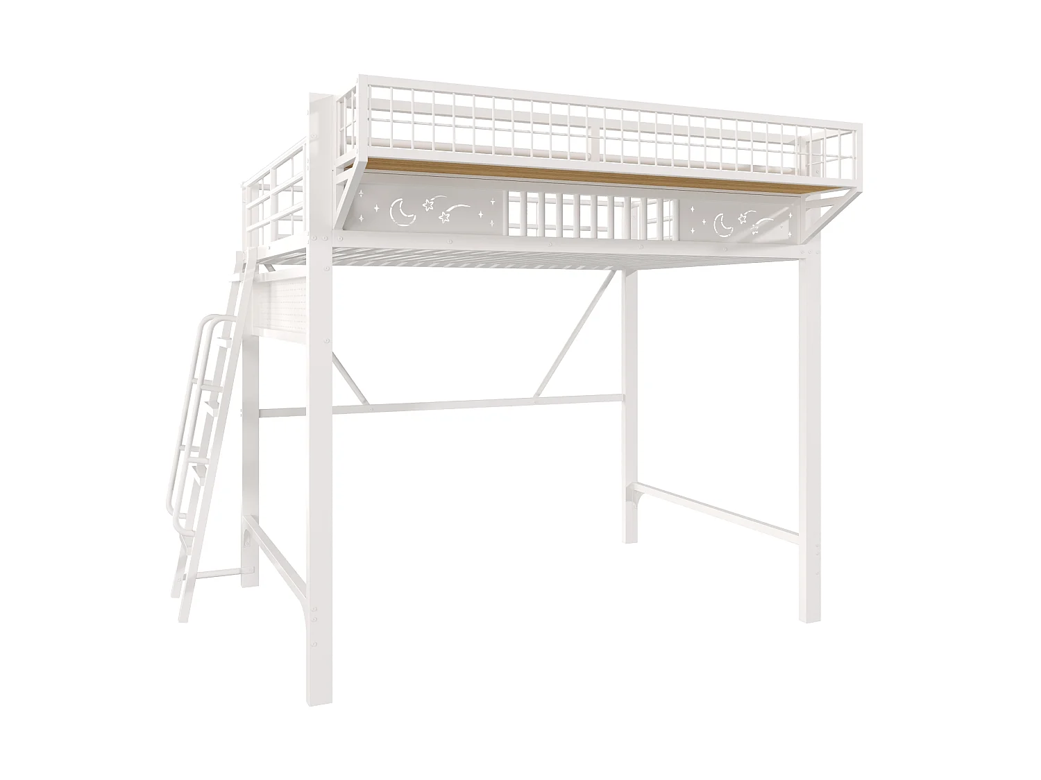 Lit mezzanine 140 x 200 cm en métal avec rangement et échelle - Blanc