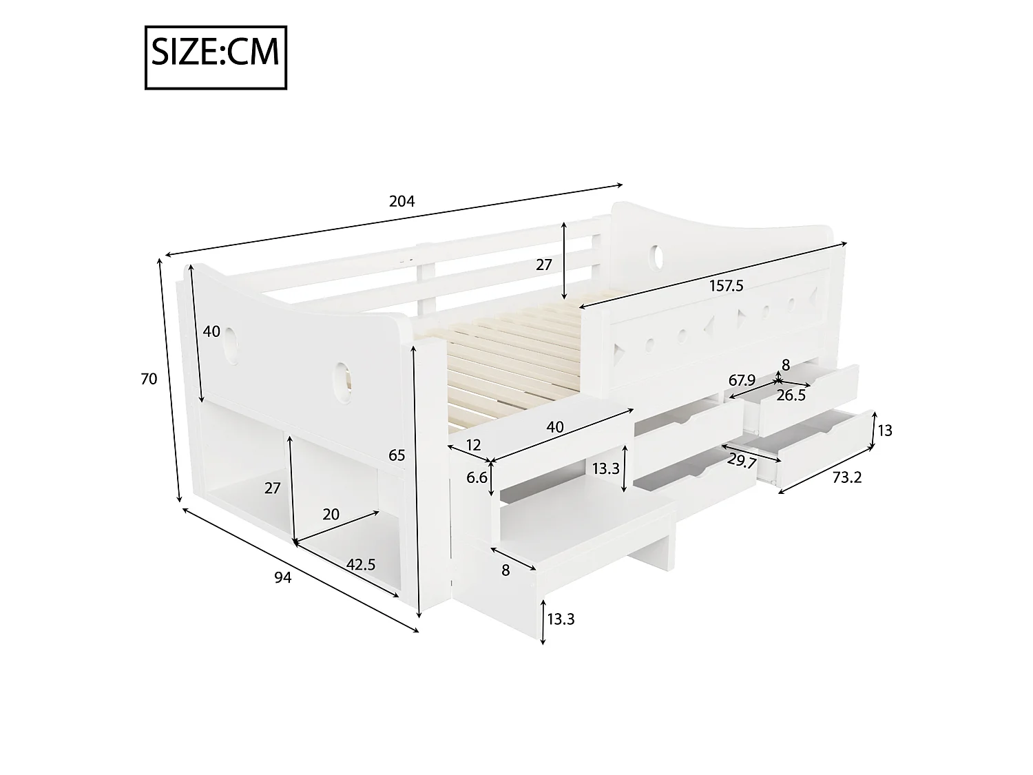 Kinderbed van gemiddelde hoogte 90x200 cm met 4 lades, USB- en Type-C-poort - Wit