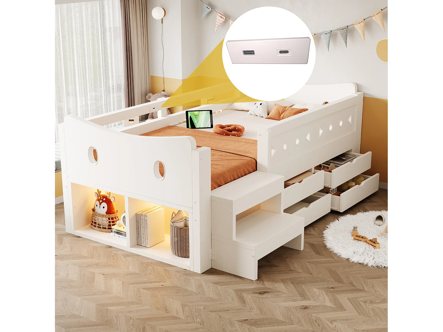 Kinderbed van gemiddelde hoogte 90x200 cm met 4 lades, USB- en Type-C-poort - Wit