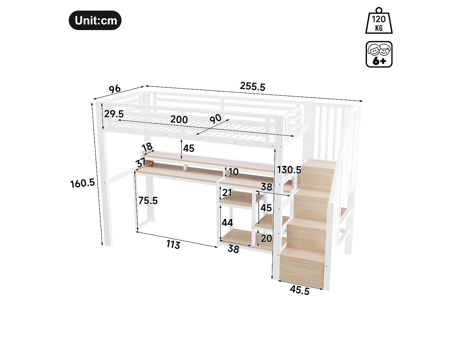 Lit mezzanine enfant 90 x 200 cm avec bureau ,ports USB et Type-C - Blanc