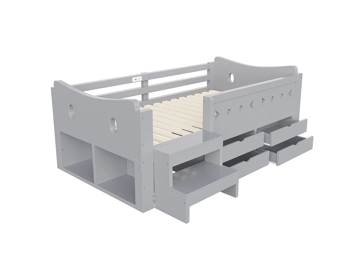Letto per bambini a mezza altezza 90x200 cm con 4 cassetti, porta USB e Type-C - Grigio