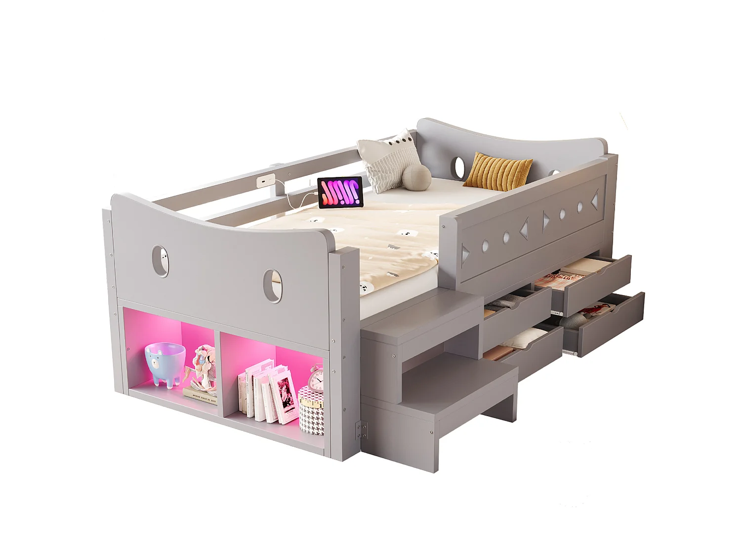 Letto per bambini a mezza altezza 90x200 cm con 4 cassetti, porta USB e Type-C - Grigio