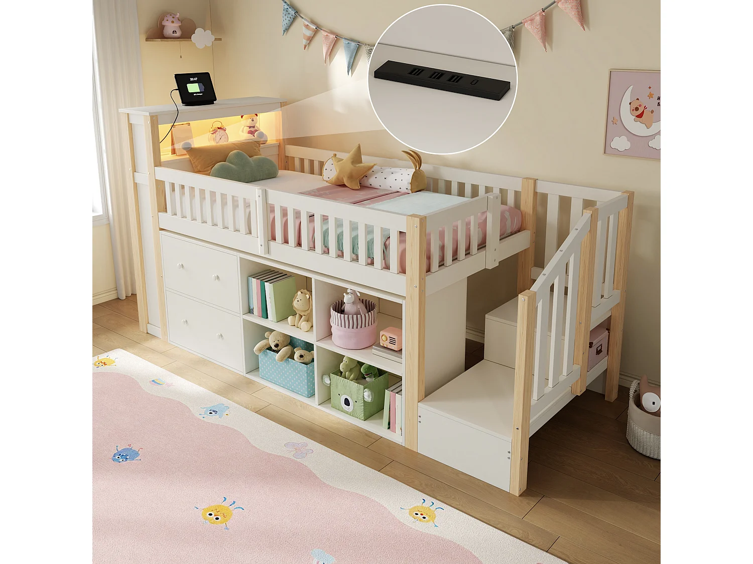 Halfhoogslaper 90 x 200 cm met lades, USB-poort en LED-verlichting - Wit met natuurlijke afwerking