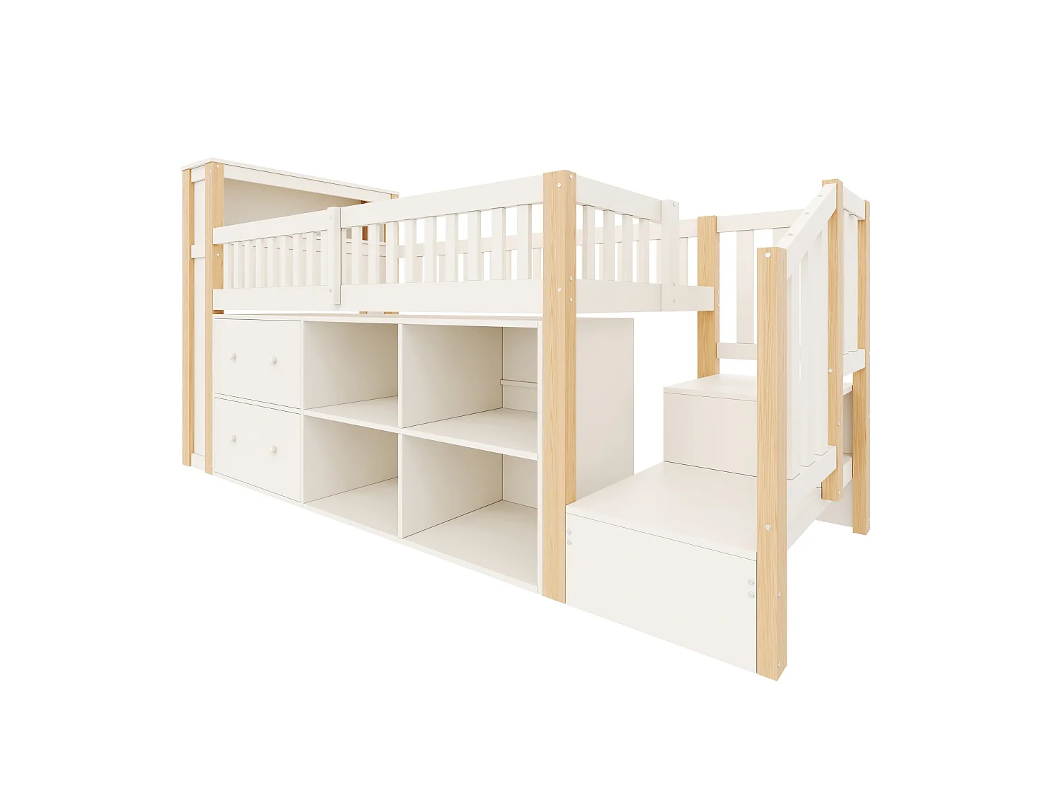 Halfhoogslaper 90 x 200 cm met lades, USB-poort en LED-verlichting - Wit met natuurlijke afwerking