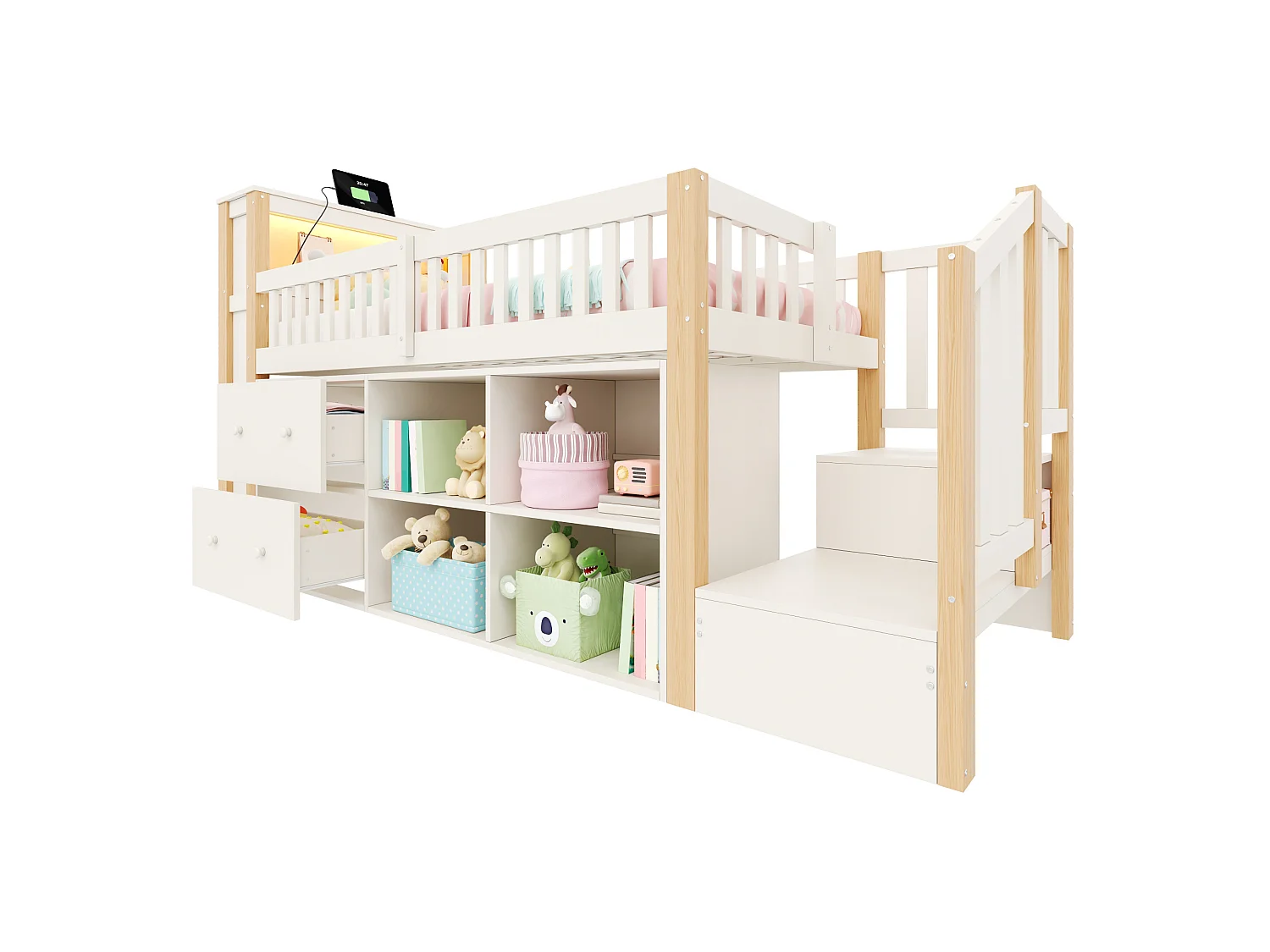 Halfhoogslaper 90 x 200 cm met lades, USB-poort en LED-verlichting - Wit met natuurlijke afwerking