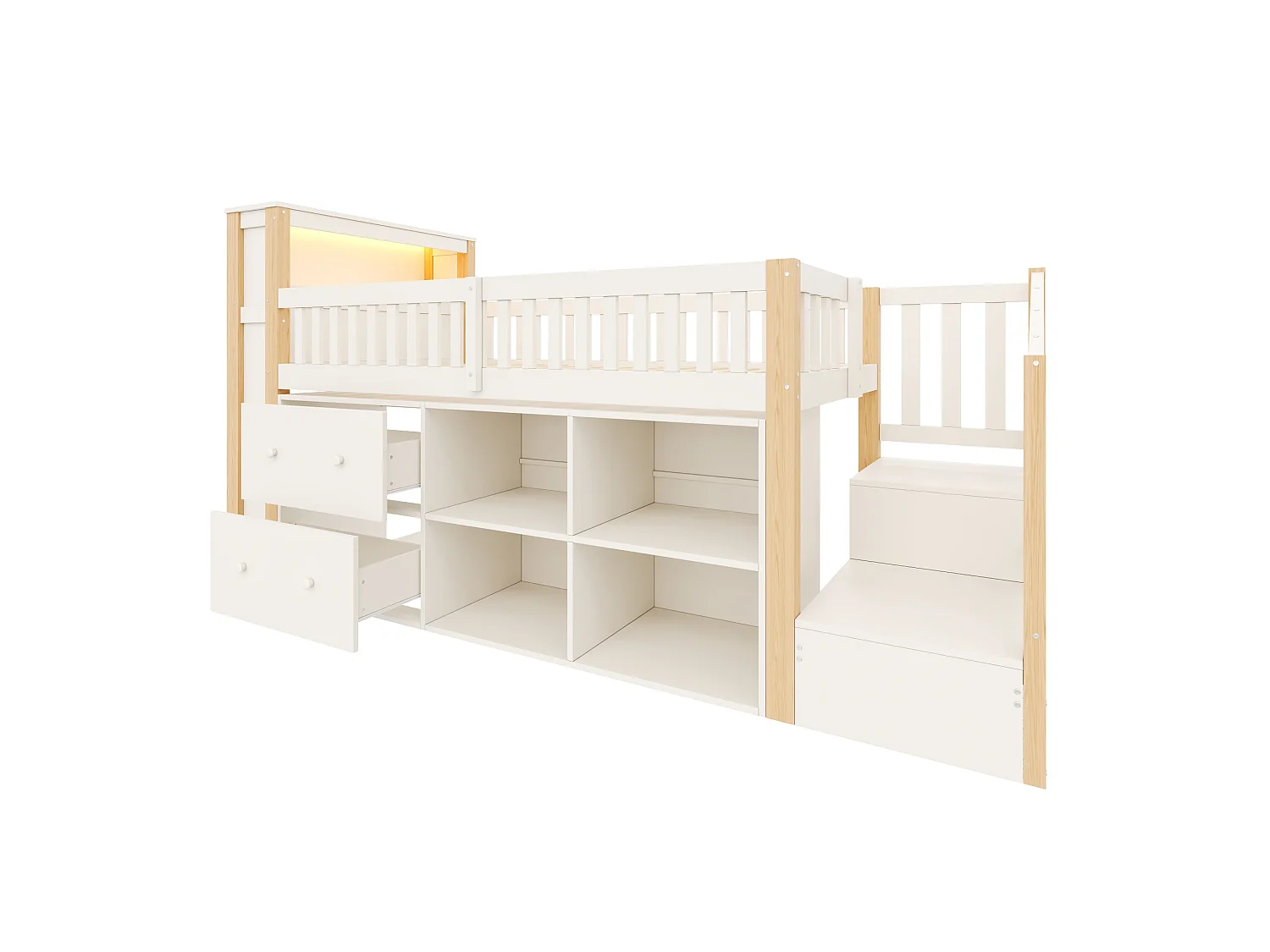 Halfhoogslaper 90 x 200 cm met lades, USB-poort en LED-verlichting - Wit met natuurlijke afwerking