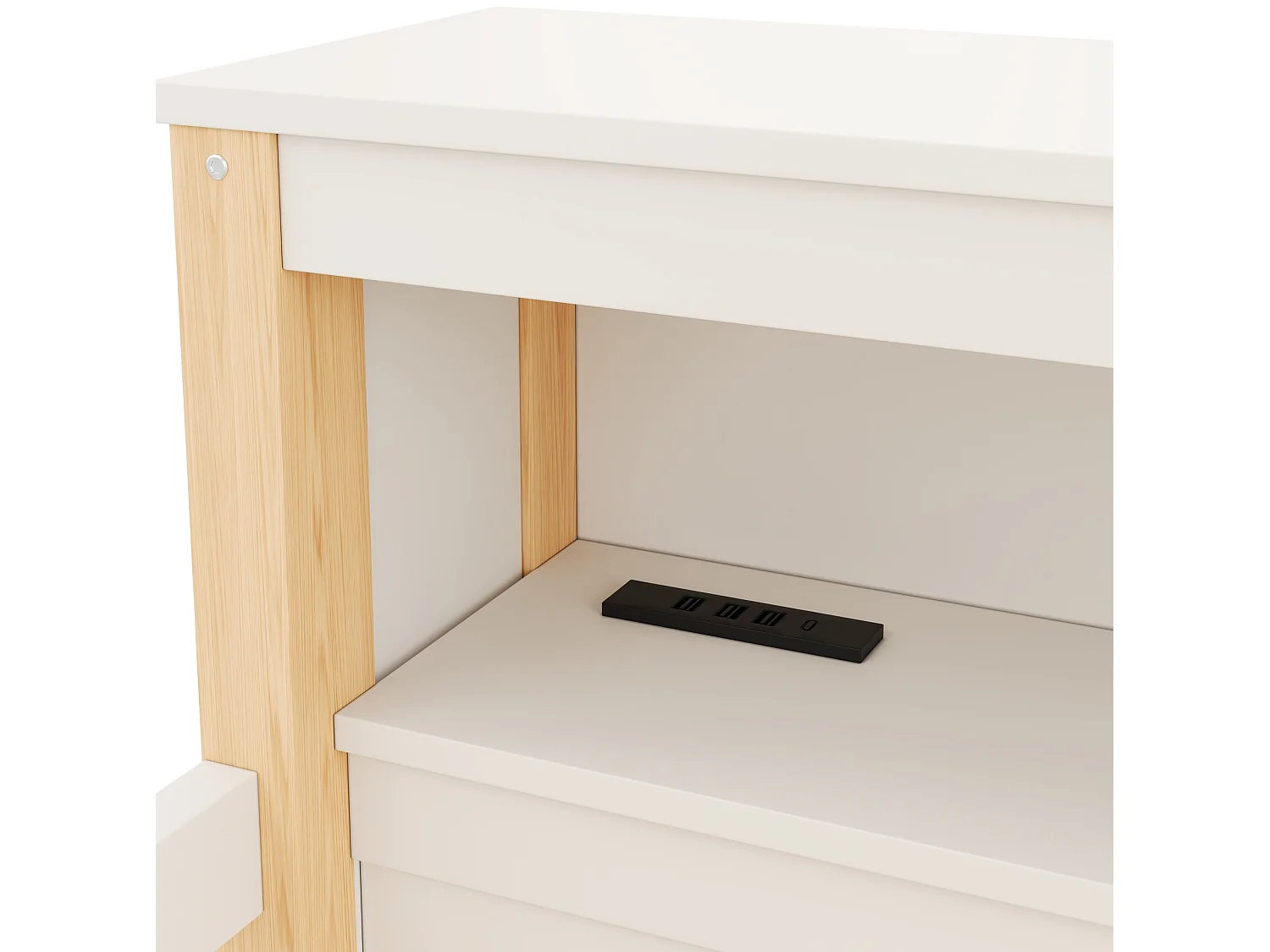 Halfhoogslaper 90 x 200 cm met lades, USB-poort en LED-verlichting - Wit met natuurlijke afwerking