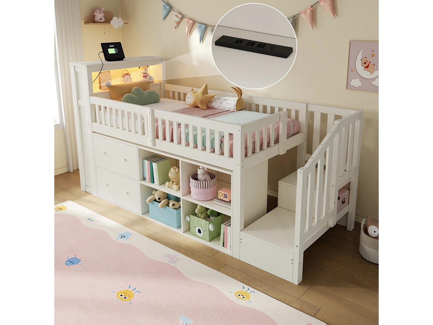 Letto a soppalco 90 x 200 cm con cassetti, porta USB e illuminazione a LED - Bianco