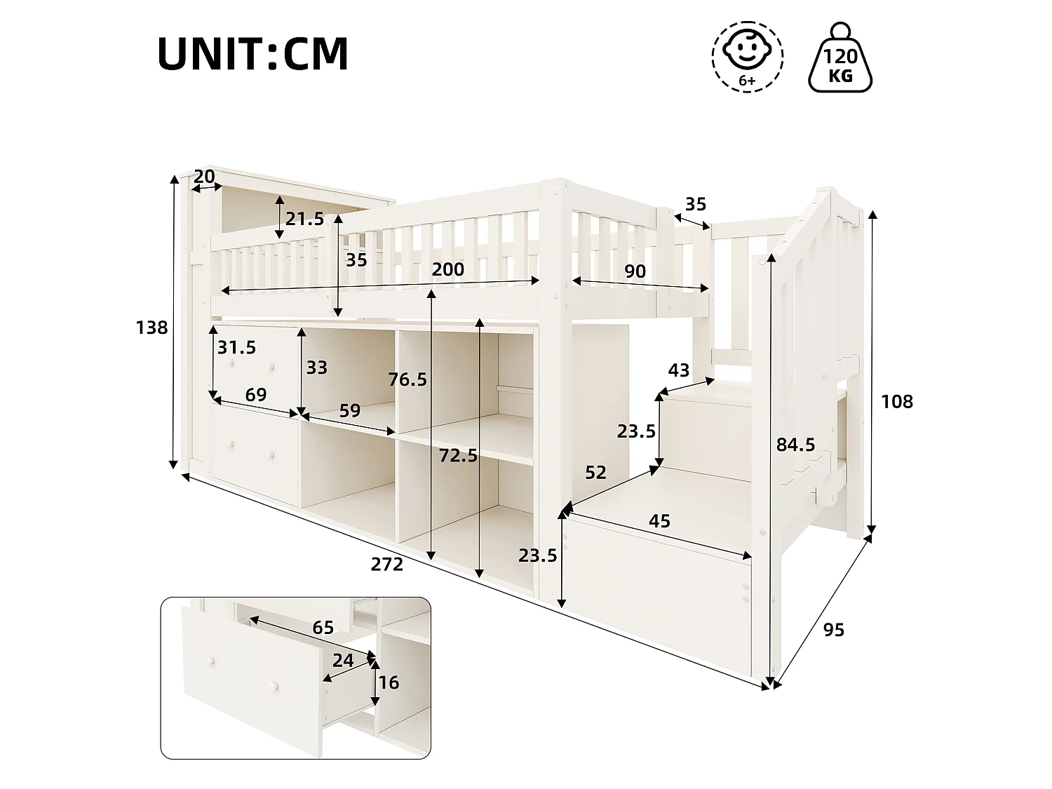 Letto a soppalco 90 x 200 cm con cassetti, porta USB e illuminazione a LED - Bianco