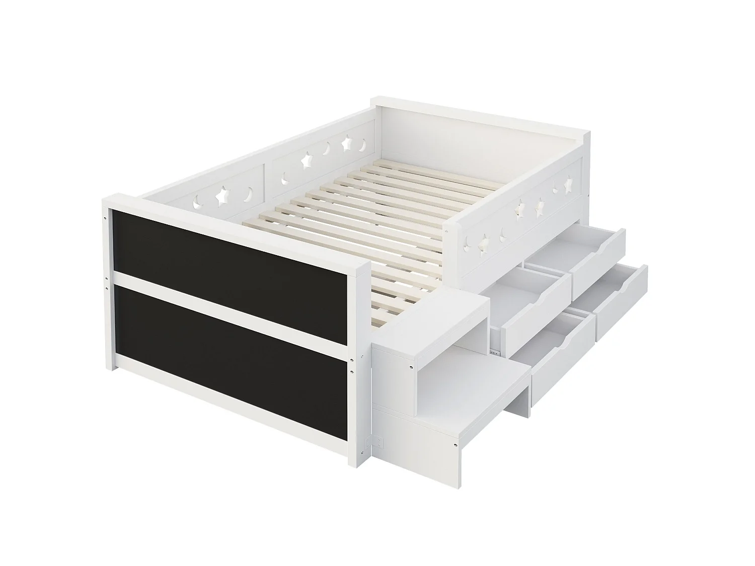 Kinderbed van gemiddelde hoogte 90x200 cm met 4 lades, krijtbord en LED-verlichting - Wit