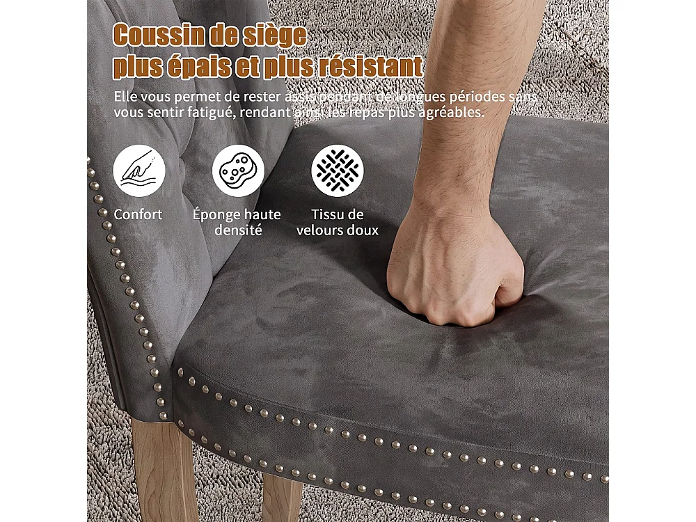 Chaises à manger en velours rembourrées - 2 pièces Tufted chaise latérale arrière haute avec Nailhead Trim & jambes en bois massif pour cuisine Salon - Gris