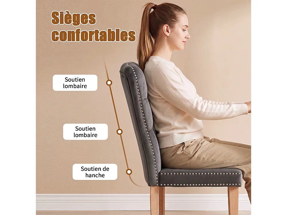 Chaises à manger en velours rembourrées - 2 pièces Tufted chaise latérale arrière haute avec Nailhead Trim & jambes en bois massif pour cuisine Salon - Gris