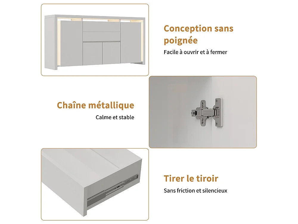 Hochglanz-Sideboard 160 × 35 × 75 cm - Buffetschrank mit LED-Licht - Moderne TV-Ständer-Aufbewahrungskredenza mit 2 Schubladen und 4 Türen - Weiß
