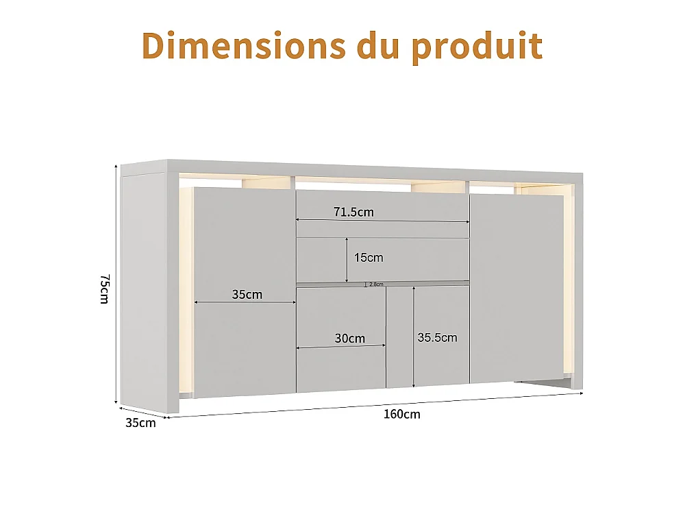 Hochglanz-Sideboard 160 × 35 × 75 cm - Buffetschrank mit LED-Licht - Moderne TV-Ständer-Aufbewahrungskredenza mit 2 Schubladen und 4 Türen - Weiß