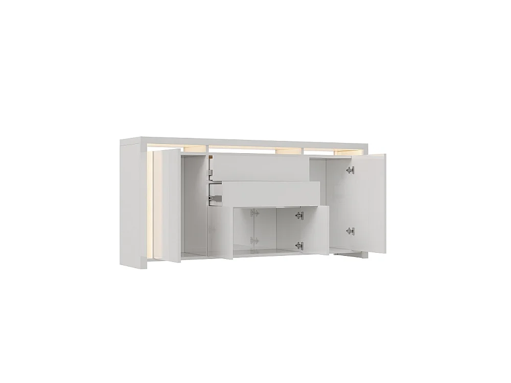 Hochglanz-Sideboard 160 × 35 × 75 cm - Buffetschrank mit LED-Licht - Moderne TV-Ständer-Aufbewahrungskredenza mit 2 Schubladen und 4 Türen - Weiß