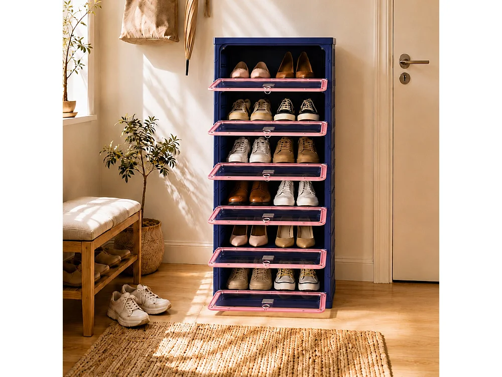Boîte de stockage de chaussures pliable à 6 niveaux - aucun organisateur de chaussures d'assemblage avec portes en PET transparentes magnétiques - bleu