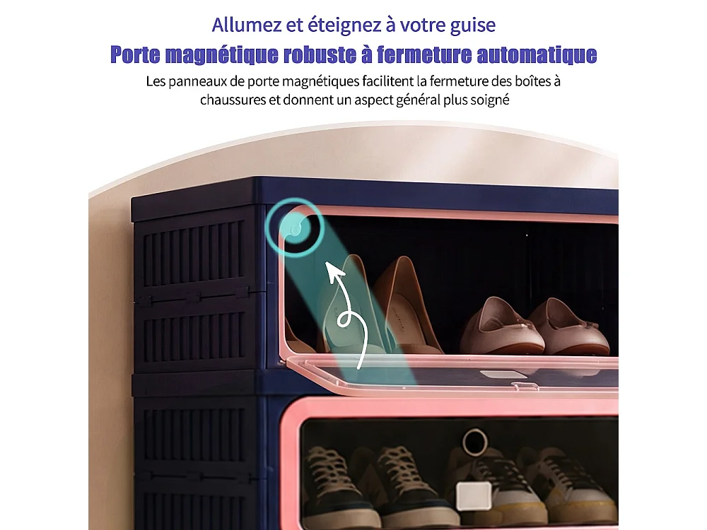 Boîte de stockage de chaussures pliable à 6 niveaux - aucun organisateur de chaussures d'assemblage avec portes en PET transparentes magnétiques - bleu