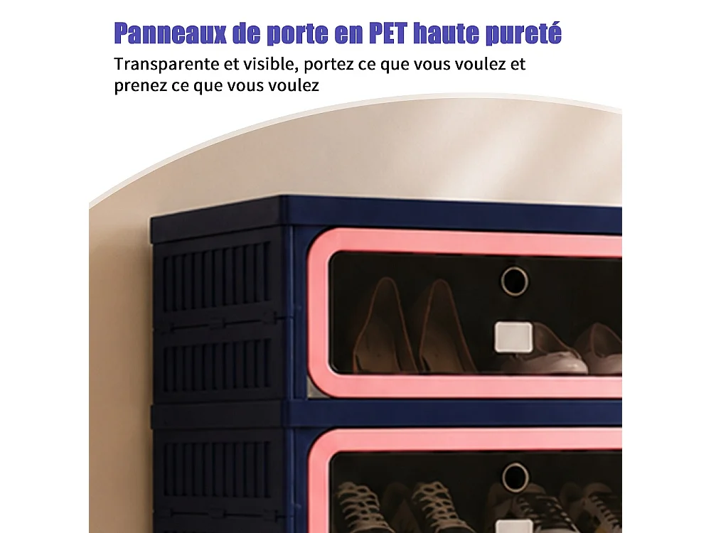 Boîte de stockage de chaussures pliable à 6 niveaux - aucun organisateur de chaussures d'assemblage avec portes en PET transparentes magnétiques - bleu