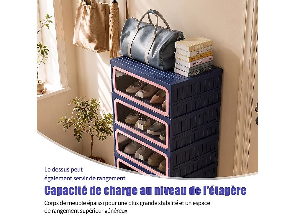 Boîte de stockage de chaussures pliable à 6 niveaux - aucun organisateur de chaussures d'assemblage avec portes en PET transparentes magnétiques - bleu