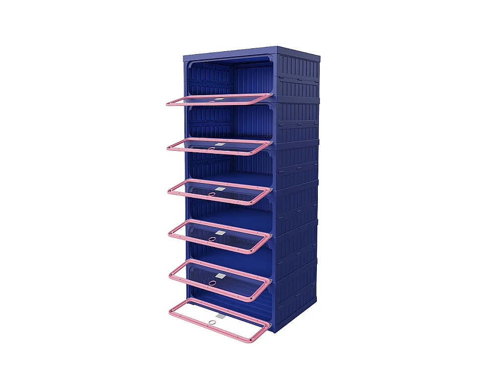 Boîte de stockage de chaussures pliable à 6 niveaux - aucun organisateur de chaussures d'assemblage avec portes en PET transparentes magnétiques - bleu