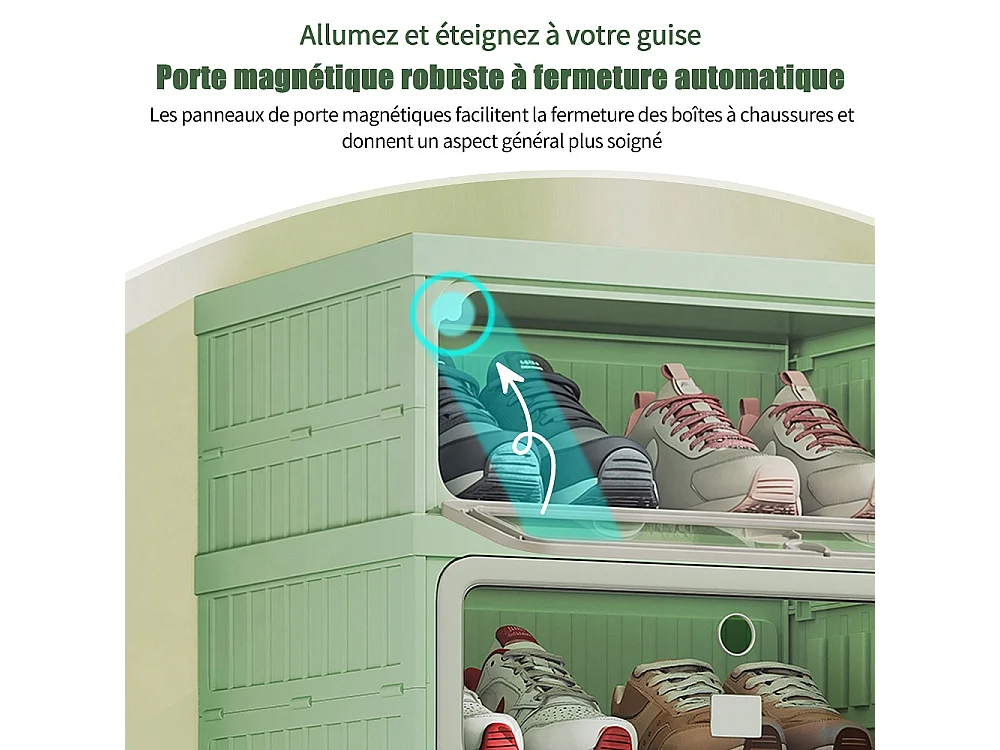 Boîte de stockage de chaussures pliable à 6 niveaux - aucun organisateur de chaussures d'assemblage avec portes en PET transparentes magnétiques - vert