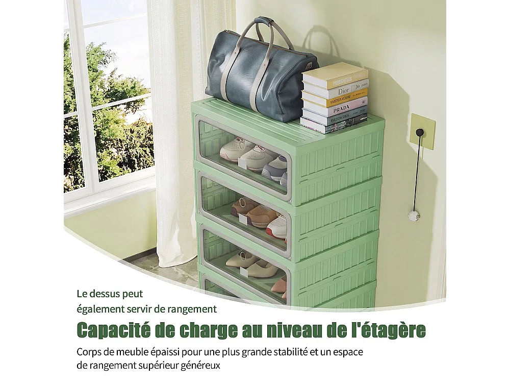 Boîte de stockage de chaussures pliable à 6 niveaux - aucun organisateur de chaussures d'assemblage avec portes en PET transparentes magnétiques - vert