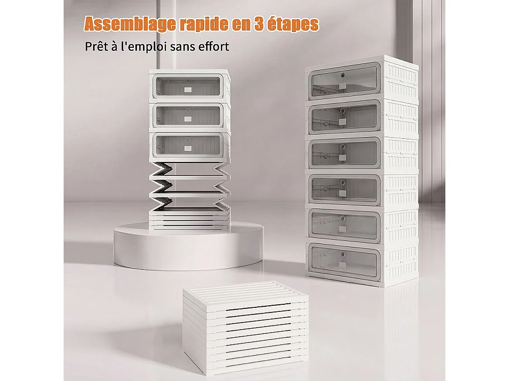 Boîte de stockage de chaussures pliable à 6 niveaux - aucun organisateur de chaussures d'assemblage avec portes en PET transparentes magnétiques - blanc