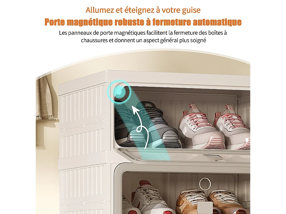 Boîte de stockage de chaussures pliable à 6 niveaux - aucun organisateur de chaussures d'assemblage avec portes en PET transparentes magnétiques - blanc