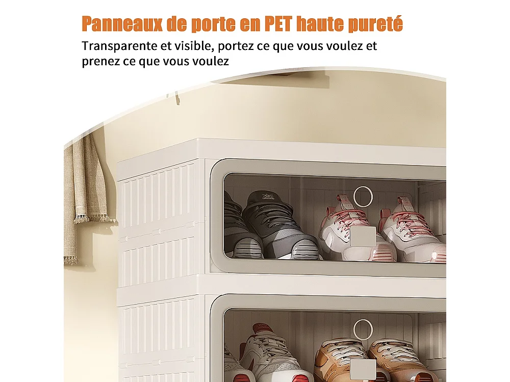 Boîte de stockage de chaussures pliable à 6 niveaux - aucun organisateur de chaussures d'assemblage avec portes en PET transparentes magnétiques - blanc