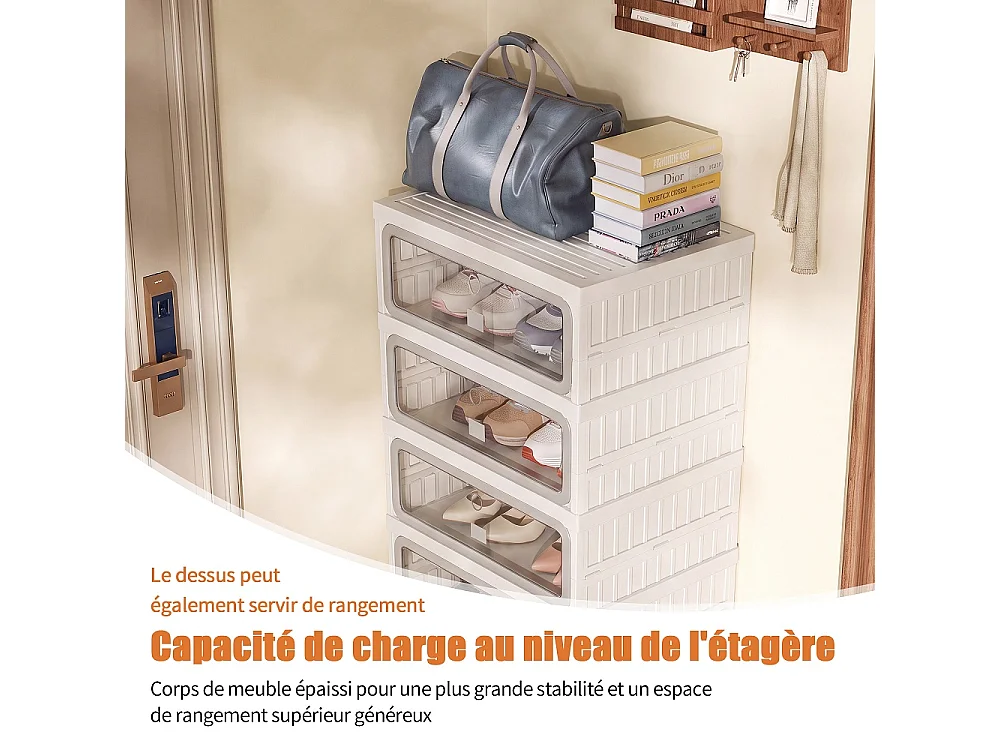 Boîte de stockage de chaussures pliable à 6 niveaux - aucun organisateur de chaussures d'assemblage avec portes en PET transparentes magnétiques - blanc