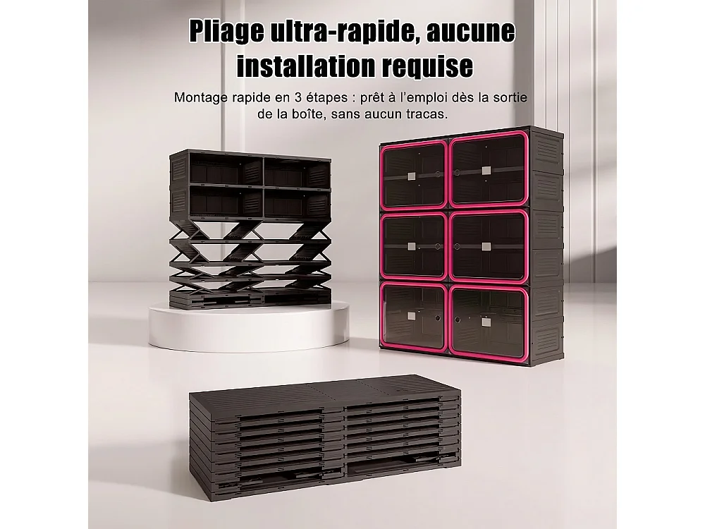 Armoire de stockage de chaussures pliable 85 × 34 × 104 cm - Organisateur de chaussures à 6 grilles avec portes en PET transparentes magnétiques - noir