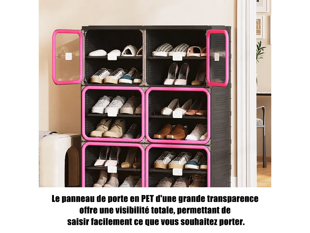 Armoire de stockage de chaussures pliable 85 × 34 × 104 cm - Organisateur de chaussures à 6 grilles avec portes en PET transparentes magnétiques - noir
