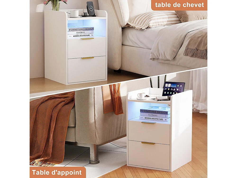 Table de nuit avec lumière LED RVB et station de charge - 2 tiroirs Table de lit avec compartiment ouvert - Cabinet de lit pour la chambre Salon - Blanc