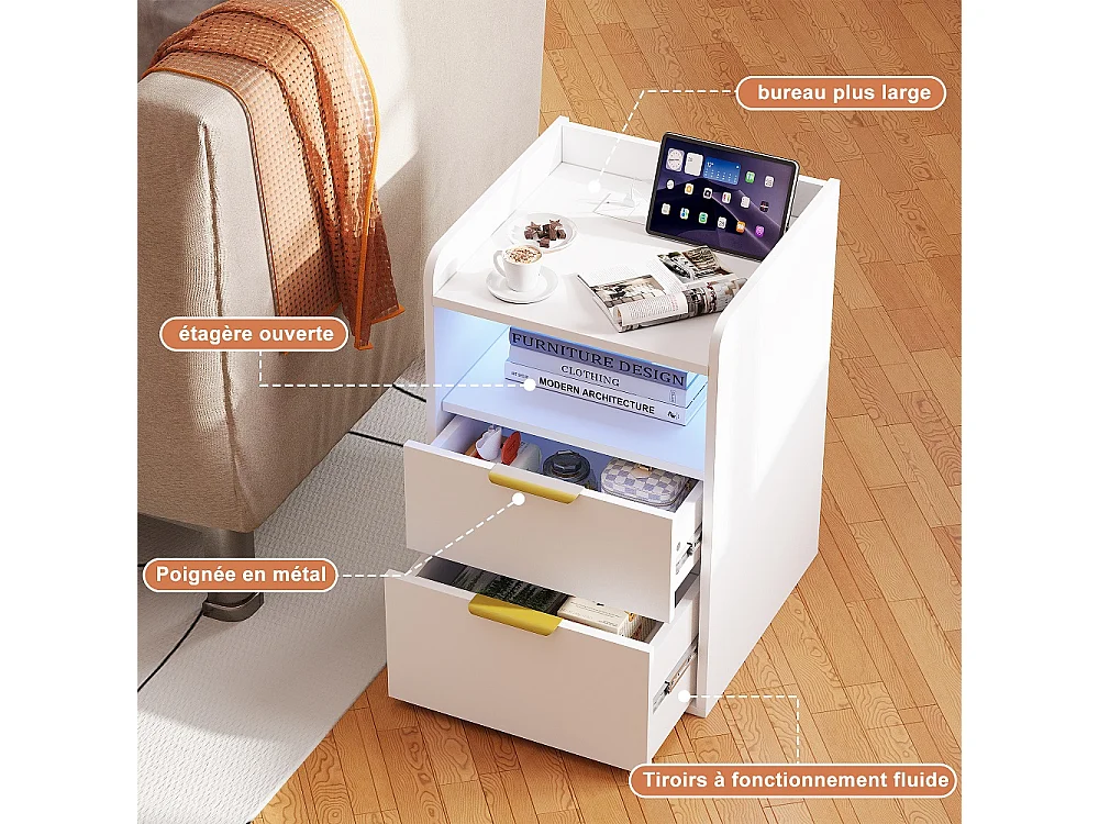 Table de nuit avec lumière LED RVB et station de charge - 2 tiroirs Table de lit avec compartiment ouvert - Cabinet de lit pour la chambre Salon - Blanc