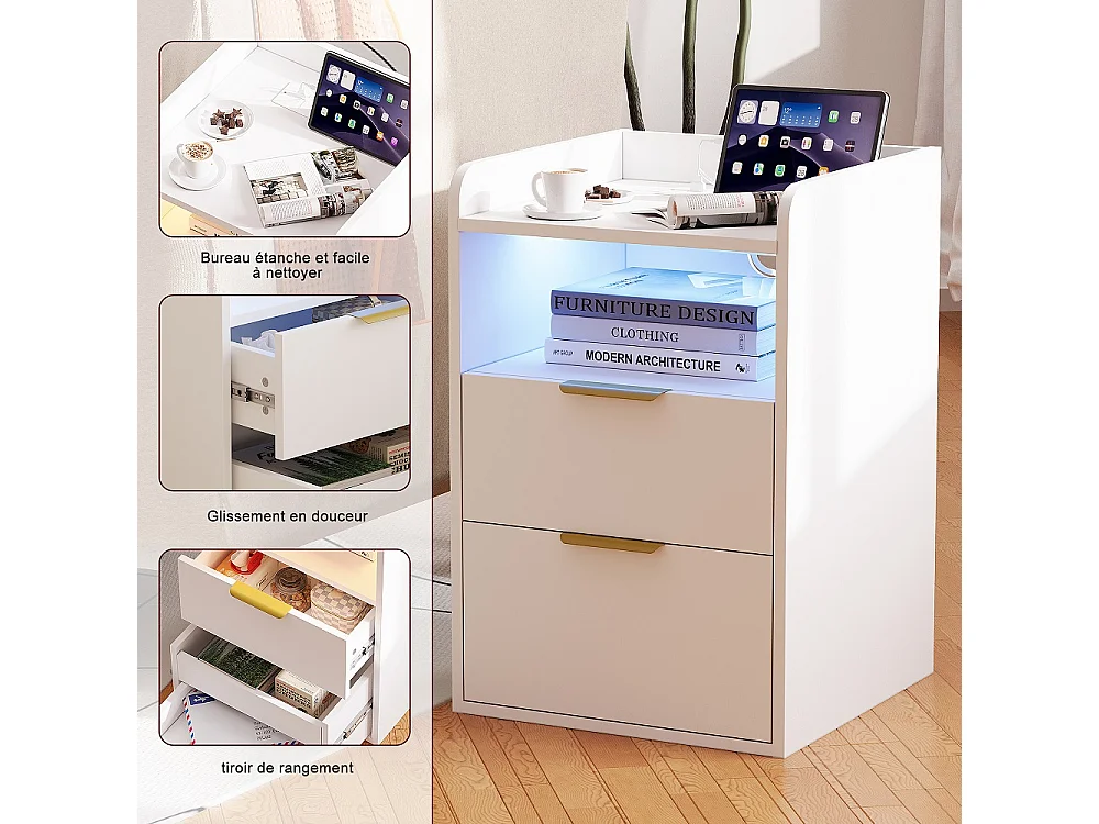 Table de nuit avec lumière LED RVB et station de charge - 2 tiroirs Table de lit avec compartiment ouvert - Cabinet de lit pour la chambre Salon - Blanc