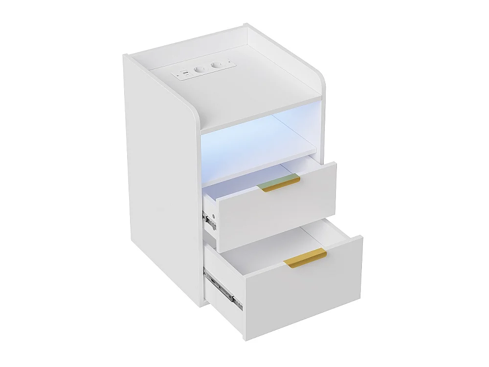Table de nuit avec lumière LED RVB et station de charge - 2 tiroirs Table de lit avec compartiment ouvert - Cabinet de lit pour la chambre Salon - Blanc