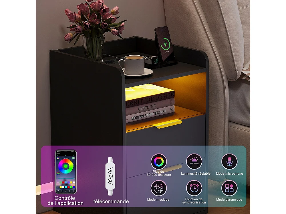 Table de nuit avec lumière LED RVB et station de charge - 2 tiroirs Table de lit avec compartiment ouvert - Cabinet de lit pour la chambre Salon - Noir